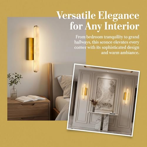 Image of 15in Alabaster Wall Sconces Brass Alabaster Sconce Spanish Marble Bathroom Vanity Sconces Modern Wall Light for Living Room Bedroom Staircases Indoor Gold