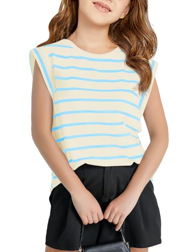 Image of Haloumoning Girls Cap Sleeve T Shirts Summer Striped Tank Tops Tees 4-14 Years