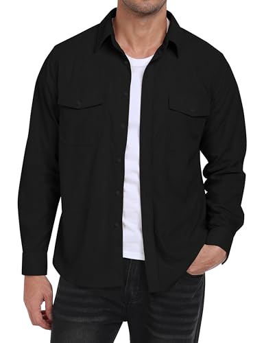 MoFiz Cordhemd Herren Langarm Freizeithemd Knop Hemdjacke Casual Arbeitshemd Button Up Winterhemd mit Klappentaschen Schwarz EU XXL