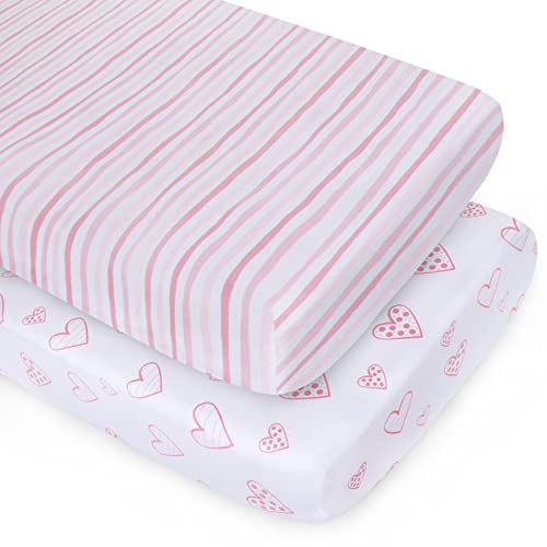 Biloban Crib Sheets for Girl, Fitted Crib Sheets for Standard Crib and Toddler Mattresses, 100% Jersey Knit Cotton Crib Sheet for Baby Girls, Pink Heart Stripes