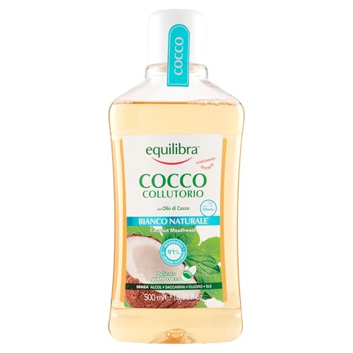 Equilibra Igiene Dentale, Cocco Collutorio Bianco Naturale, Collutorio a Base di Olio di Cocco, Protegge Da Carie e Tartaro, Aiuta a Preservare il Bianco Naturale, Protegge dai Batteri, 500 ml