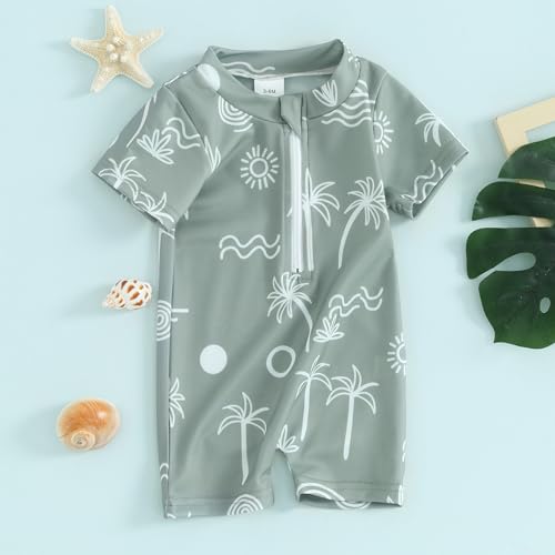 Dcohmch Baby Boy Swimsuit Rashguard Cartoon Print One Piece Bathing Suit Toddler Zipper Swimwear 6 9 12 18Months 2T 3T (Army Green, 0-3 Months)