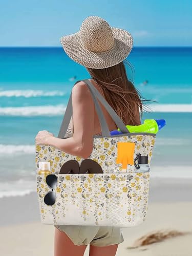 Mesh Beach Bag Oversized Tote Bags for Women Spring Flower Vines Retro Linen Large Travel Pool Bags with 8 Pockets3