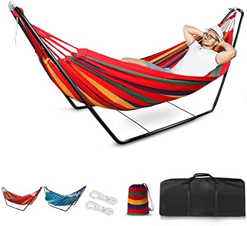 Hammock with Stand, Double Cotton Hammock with Spreader Bars, Space-Saving and Adjustable Steel Stand Perfect for Garden Camping Travel Backyard, including Portable Carrying bag and Easy Set up