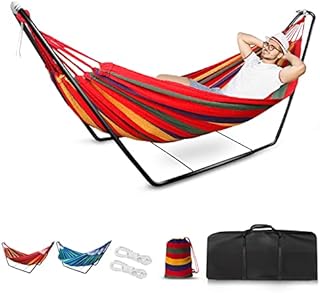 Hammock with Stand, Double Cotton Hammock with Spreader Bars, Space-Saving and Adjustable Steel Stand Perfect for Garden Camping Travel Backyard, including Portable Carrying bag and Easy Set up