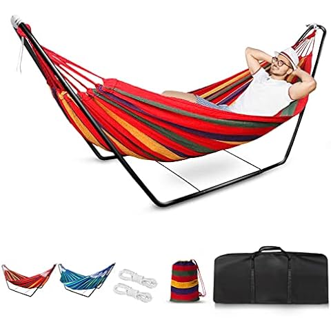 Hammock with Stand, Double Cotton Hammock with Spreader Bars, Space-Saving and Adjustable Steel Stand Perfect for Garden Camping Travel Backyard, including Portable Carrying bag and Easy Set up Cover