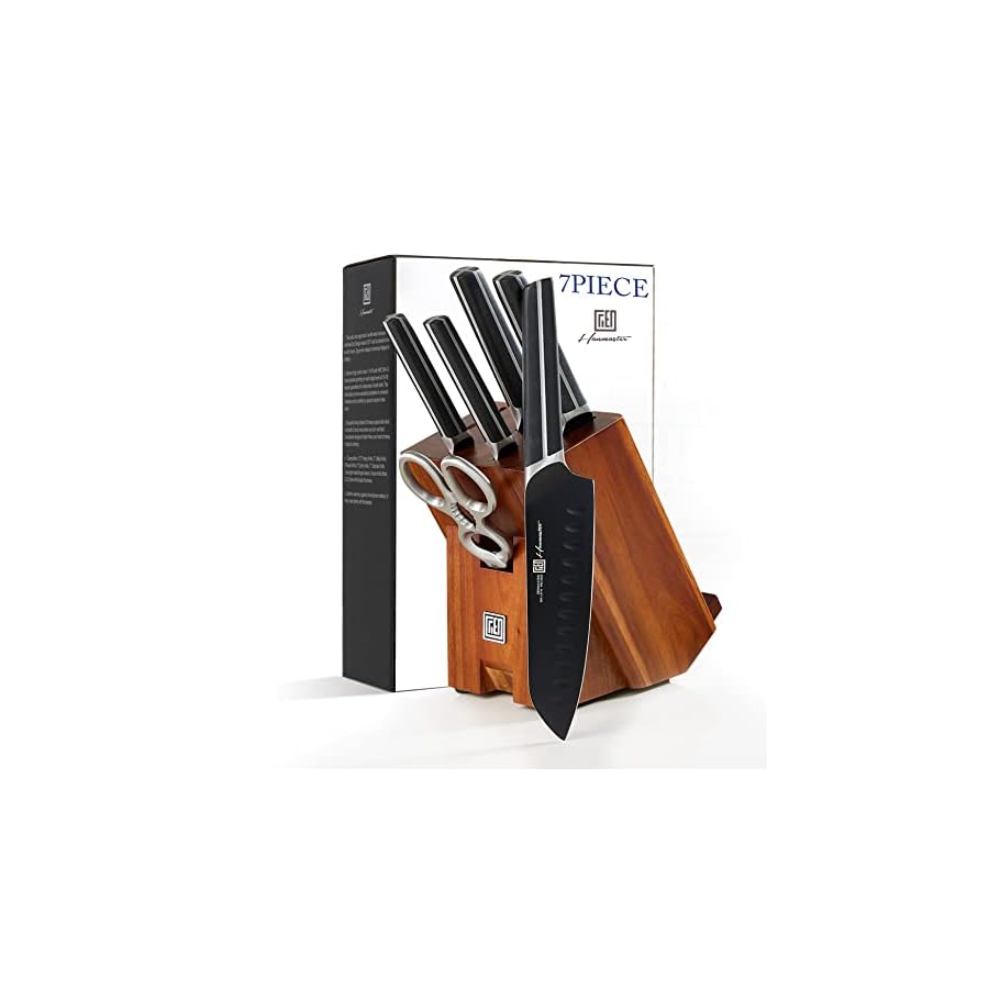 Hanmaster Kitchen Knife Set, 7 Pieces German Stainless Steel Knives Set for Kitchen with Acacia Wood Block, Kitchen Scissors, Box Packed, Elegant Black