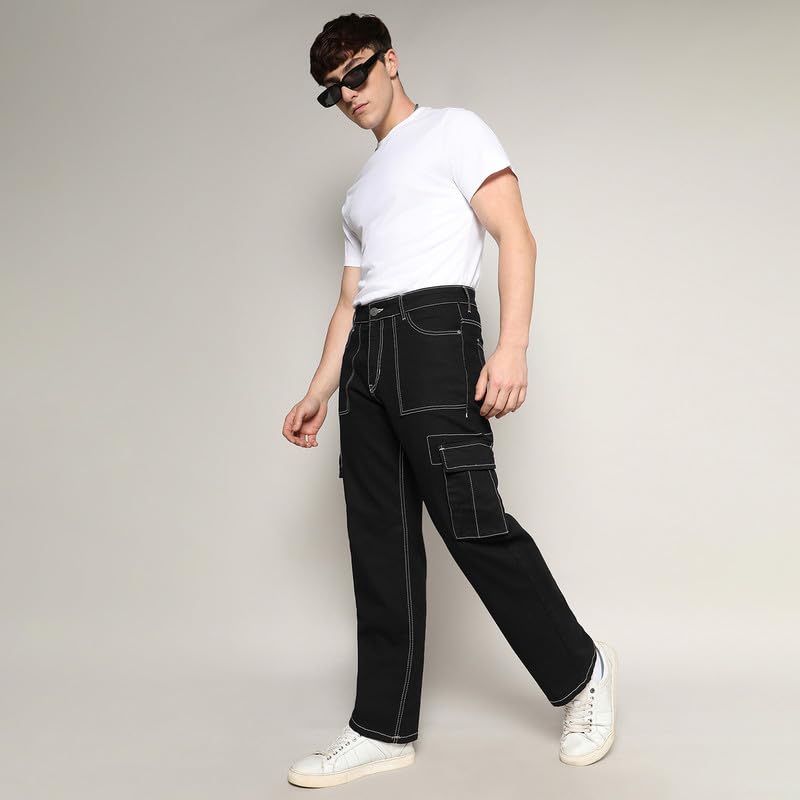 Image of CAHOOT Men's Stitched Cargo Denim Jeans for Casual Wear | Dark-Wash | 5 Pocket | Button Closure | Denim Jeans Crafted with Comfort Fit for Everyday Wear