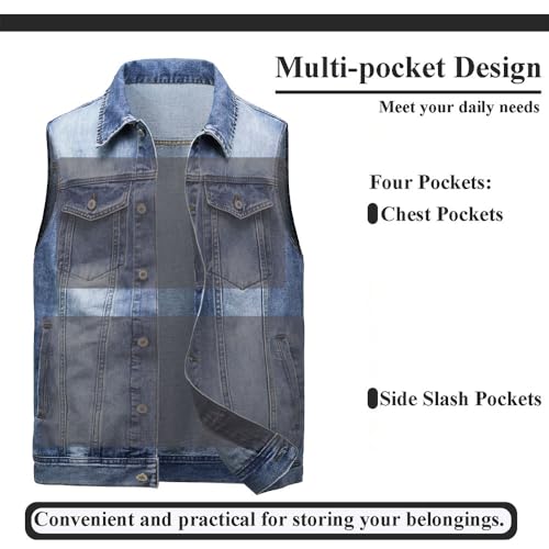 Image of Men's Denim Jacket Vintage-Inspired Jean Jacket with Multiple Pockets - Cotton Blend, Machine Washable