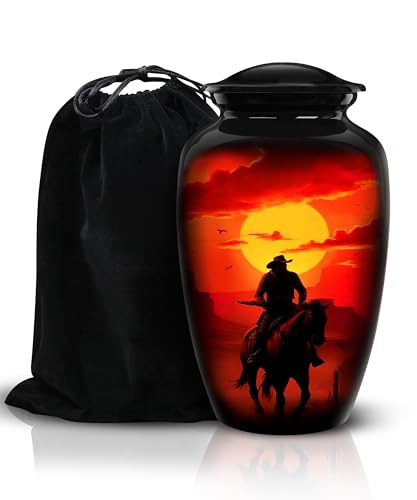 Image of Cremation Urns for Human Ashes Adult Male Female - Large Funeral Men Urn for Ashes, Western Decorative Burial Memorial Urn with Black Velvet Bag, Cowboy, 200 Cu in