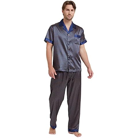 TONY AND CANDICE Men's Silk Satin Pajama Set Short Sleeve Loungewear Button Down Sleepwear with Long Pants (Blue/Golden, XX-Large) Cover