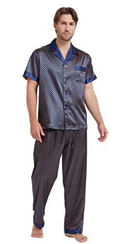 Men's Silk Satin Pajama Set Short Sleeve Loungewear Button Down Sleepwear with Long Pants