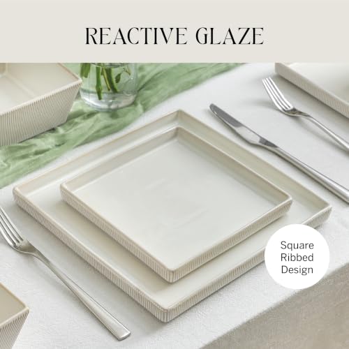 Image of Stone Lain Grace Stoneware 12-Piece Modern Square Dinnerware Set, Ribbed Plates and Bowls Set, White