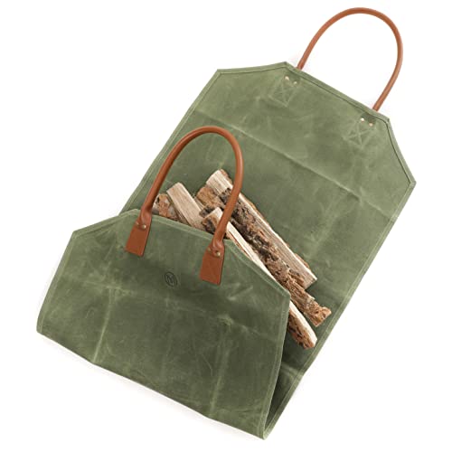 Onmaru Heavy Duty Waxed Canvas Log Carrier Tote, Large Fire Wood Bag, Firewood Holder, Outdoor Camping, Bbq Wood Stove Accessories. 2Style (Open, Closed Side Wall) Tote Bag Combo, Green/Brown #TOP2