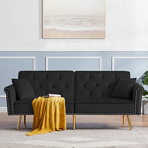 Ouyessir Velvet Futon Sofa Bed With Two Pillows And Nailhead Trim, Modern Convertible Sleeper Couch With 3 Angles Adjustable Back And Golden Metal Legs For Living Room And Bedroom, 76Inches (Black) #TOP7