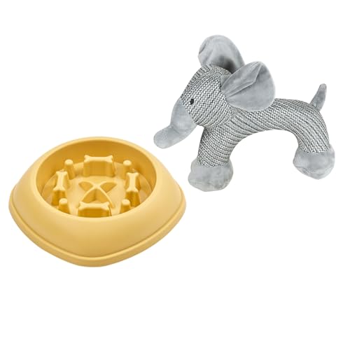 中型ドッグボウル 食器 スローフード鉢 喉詰まり防止 猫の餌やり 知育玩具 滑り防止 鼻先トレーニング ぬいぐるみの詰め物おもちゃ 発声 面白さ 消化を助け 自分を娯楽し 歯を清潔にし 食べて遊んで一体化する (イエロー+灰色の象)