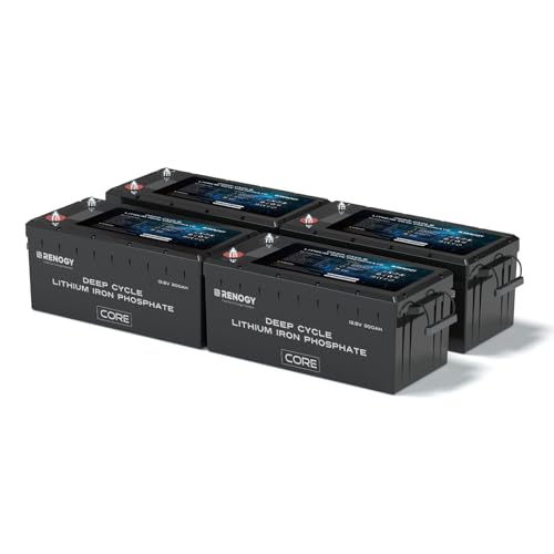 Image of Renogy 12V Lithium Battery 300Ah Self Heating LiFePO4 Battery, 5000+ Deep Cycles 200A BMS IP65 Waterproof Marine Battery for Solar System, RV, Marine, Solar, Trolling Motor, Home Backup Power 4 Pack