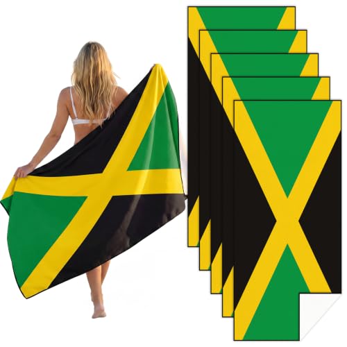 Image of Breling 5 Pack Jamaica Flag Beach Towel Oversized Lightweight Beach Towels 71 x 32 in for Women Men Quick Dry Sand Free Bath Towels for Jamaica Independence Day Beachs Pool Party Supplies
