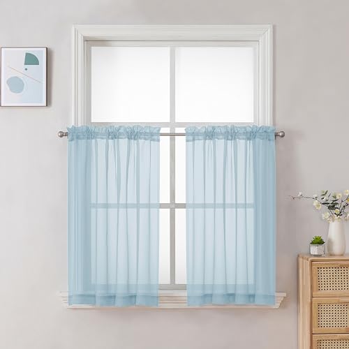 Image of Chyhomenyc Sky Blue Sheer Curtains 30 inch Length 2 Panels, Light Filtering Voile Rod Pocket Short Window Curtians for Bathroom Living Room Farmhouse Small Windows, 42Wx30L inches
