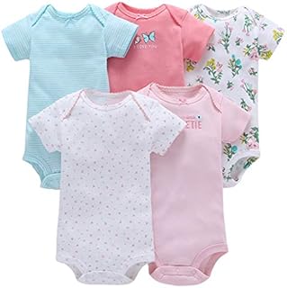 JiAmy Baby Girls Bodysuits 5-Pack Rompers Short Sleeve Toddler Sleepsuit Summer Cotton Infant Onesies Clothes, 3 - 6 Months, Butterfly