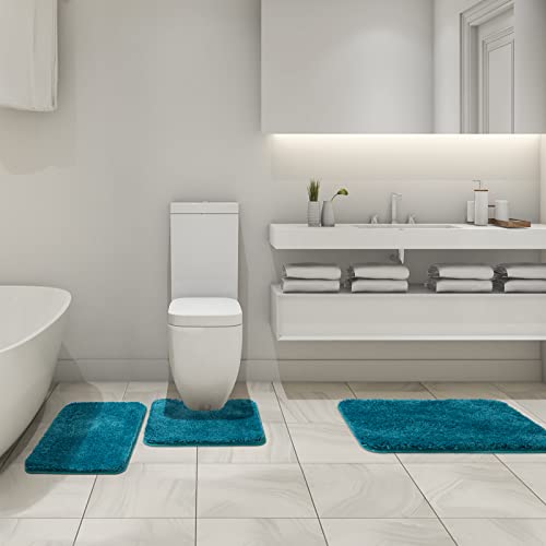 Miulee 3 Pieces Bathroom Rugs And Mats Sets Extra Thick Non Slip Microfiber Bath Mats And U-Shaped Contour Toilet Rug For Bath Room Floor Restroom,20"X30"+16"X24"+20"X20", Teal #TOP6