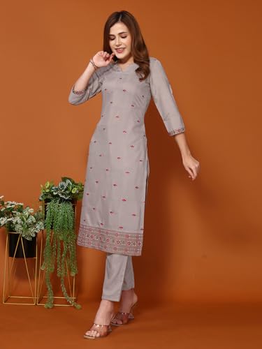Sanisa Women's Chinnon Embroidery Work Straight Kurta With Pant And Dupatta Set (54Kbd631Nr-Xxl_Dusty Brown)