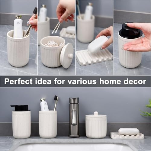 Image of BosilunLife Striped Beige Ceramic Bathroom Accessories Set of 4 | Bathroom Decor Sets Accessories Bathroom Foam Soap Dispenser and Toothbrush Holder Set, Soap Dish, Apothecary Jars.(Foam)