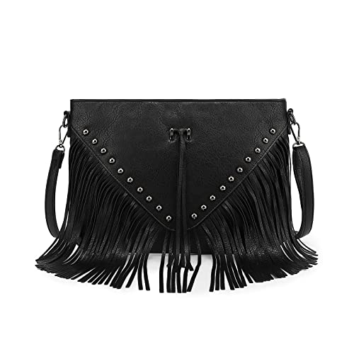 Black Fringe Purse Crossbody Bag for Women, Vintage Stud Large Fringe Crossbody Purse, Boho Shoulder Purse with Fringe4