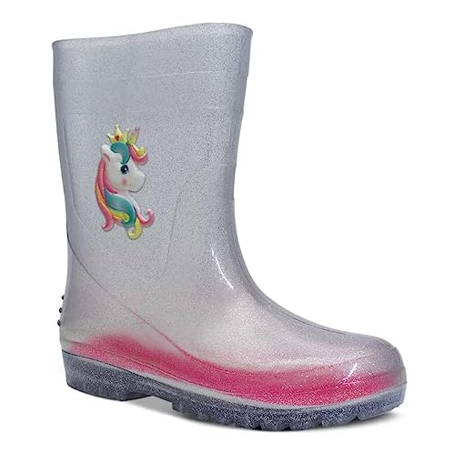 Bota Feminina Menina Nº 25 Ao 32 Galocha Infantil Unicórnio 09.17 (Glitter Prata, BR, Criança de 4 a 8 anos, Numérico, 32)