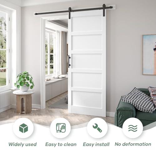 Image of Fredbeck 36x96 inch White Barn Door with 6.6FT MDF Sliding Door Hardware Kit Included & Handle,Solid PVC Surface,DIY Assembly,5-Panel