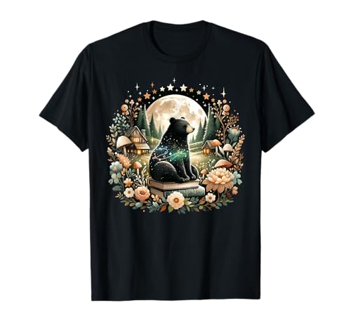 Vintage Floral Cottagecore Black Bear Lover T-Shirt