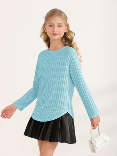 Haloumoning Girls Long Sleeve Shirts Kids Ribbed Knit Curved Hem Tunic Tops Fashion Tees 5-14 Years3