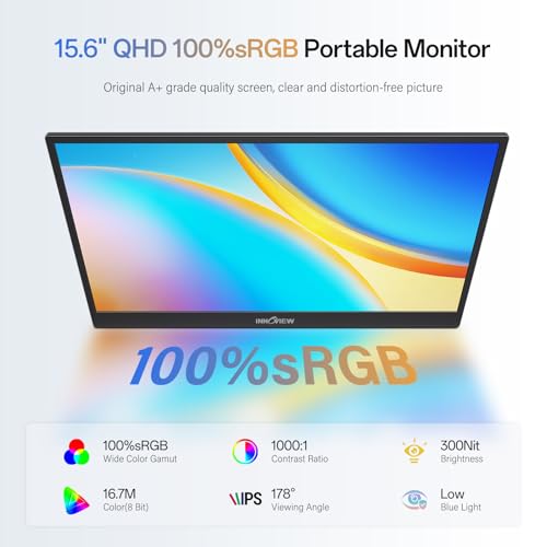 Image of InnoView 2K Portable Monitor 15.6 inch QHD 100% sRGB, Built-in 180 Adjustable Stand Travel Monitor USB C Standard HDMI Ultra-Slim Portable Monitor for Laptop MacBook Phone PS5 Xbox Switch