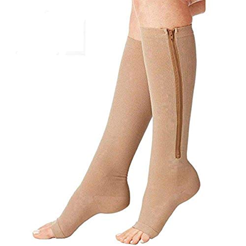 (2 pairs) Compression Socks Zipper Socks with Open Toe Best Support Zipper Stocking (Deep Beige, XXL)