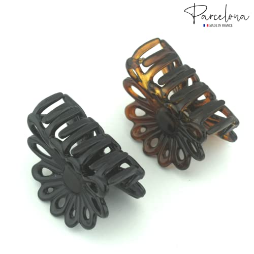 Parcelona French PLUME Pequeña Pinza para el Cabello de Celuloide Carey Marrón y Negra Set de 2 - 5 cm miniatura 4