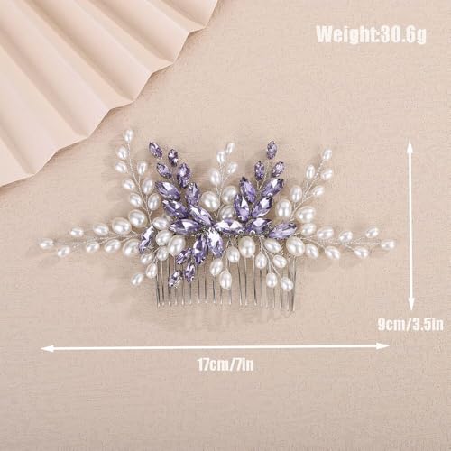 Peine para cabello nupcial con perlas y cristales morado miniatura 5