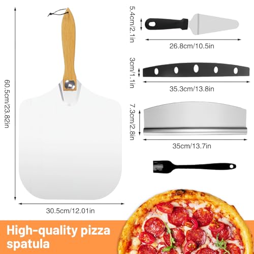 DYUEE Foldable Pizza Peel Set of 4 - 12-Inch Aluminium Paddle with Small Spatula and Oil Brush for Homemade Pizza, Bread, and Pies - Image 2