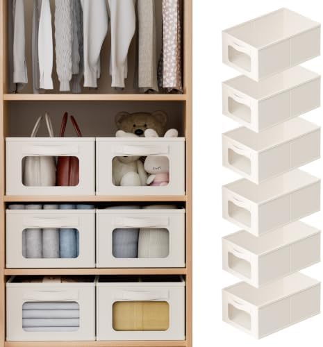 KQOGTHR Linen Closet Organizers and Storage 6 Packs-Coset Storage Bins with Clear Windows,Closet Baskets for Organizing Cloth