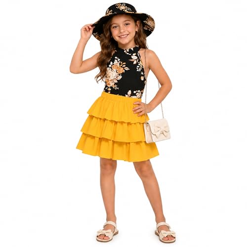 Conjunto de falda y top para niñas con diseño floral negro, falda amarilla y sombrero