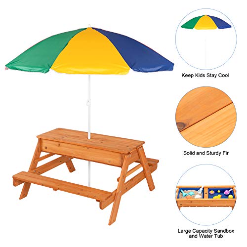 Joymor 3 In 1 Kids Picnic Table With Umbrella And 2 Play Boxes, Sand & Water Table With Removable Tabletop, Outdoor Convertible Wooden Picnic Table, Children Activity Table Picnic Bench #TOP4