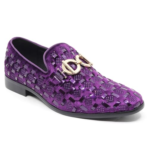 Metrocharm Luxury Velvet Woven Pattern Loafers with Gold Buckle Detail, Rhinestone Embellishments, Formal Dress Shoes, Slip-On Style SM-64