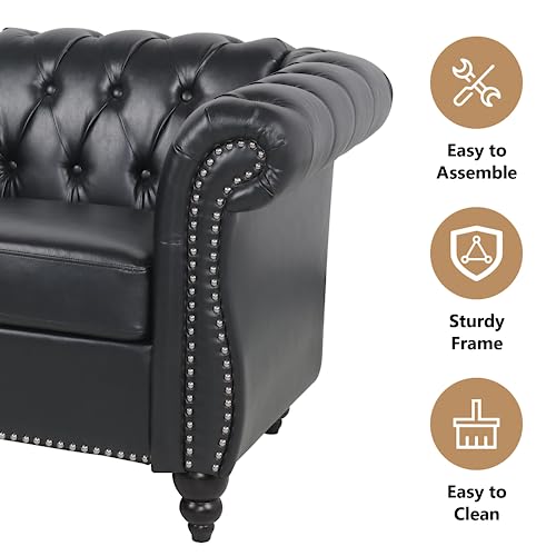 Image of QHITTY Accent Large Sofa, Chesterfield Couch 3 Seater Modern Leather Couch Upholstered Sofa with Tufted Back for Living Room Furniture (Black)