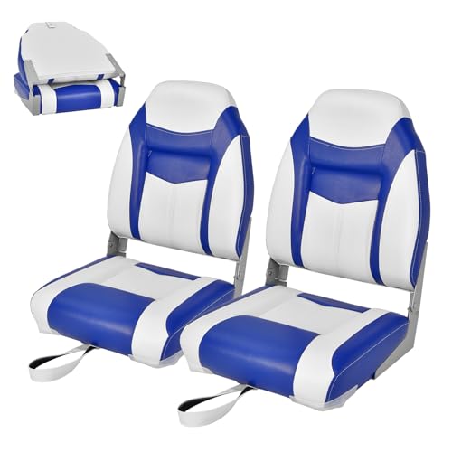 HOMASIS Bootssitz klappbar, gepolsterter Bootsstuhl mit hocher Rückenlehne, wasserdichter Steuerstuhl mit Befestigungsgurt, Steuersitz für Boot, 44,5 x 50 x 60 cm (Blau & Weiß 2er Set)
