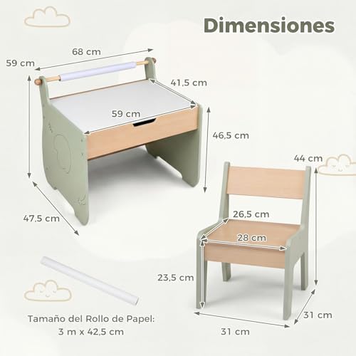 Miniatura 7 de Costway Mesa Y Silla Infantil 3 En 1, Mesa Infantil Con Silla De Madera Con Pizarra De Doble Cara, Soporte Para Rollo De Papel, Pupitre Para Niños Con Espacio De Almacenamiento Para Dibujar Verde