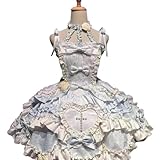 [Damika] ロリータ JSK ワンピース セットアップ カチューシャ バックリボン レディース レース レースアップ チュール 花嫁風 刺繍 洋服 フリル 宮殿風 森ガール Lolita ドレス アイドル 衣装 dress 女装 春 夏 秋 冬 (ブルー - スパゲッティストラップ + ホルターネック（取り外し可能） トレーン、ローズ、リボン付き,Mサイズ (80-100ポンド))