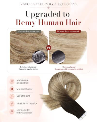 Image of Moresoo Tape in Human Hair Extensions Dark Brown Blonde 16in 20Pcs 50g | Human hair tape in extensions, low-contrast blonde ribbons, skin weft tabs, medium length for office and travel styling