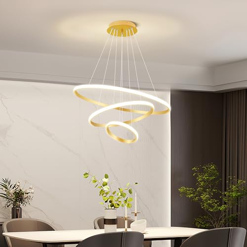 Luminária Pendente LED Moderna Dourada De 3 Anéis, Luminária Pendente Regulável Por Controle Remoto,