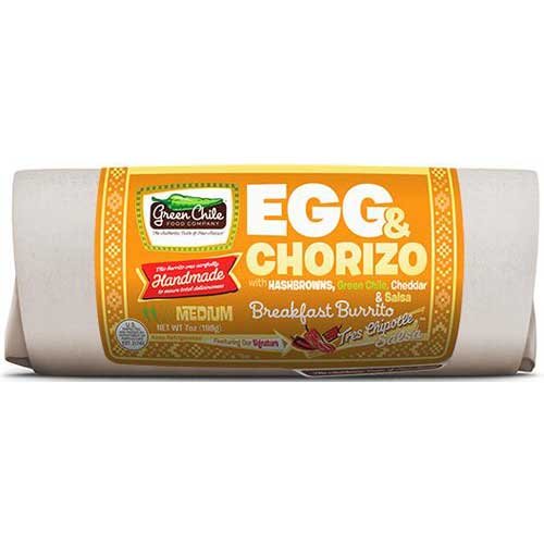 Green Chile Food Egg and Chorizo Breakfast Burrito with Hashbrowns Green Chile Cheddar and Salsa, 7 Ounce -- 12 per case.