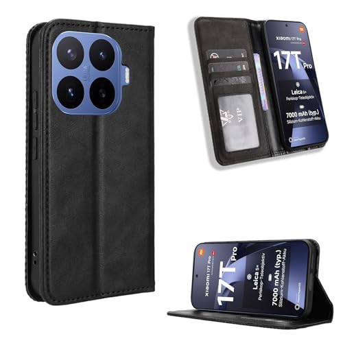 Fitudoos Handyhülle für Xiaomi 17T Pro Hülle Leder Premium Leder Klapphülle [Kartenschlitzen] [Magnetverschluss] [Standfunktion] [Anti-Fall] [Anti-Kratzer] - Schwarz