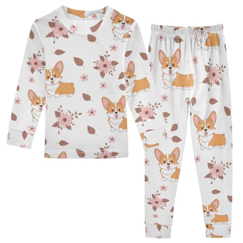 Pajama Sets Long Sleeve Corgi Flowers Leaves Background Soft Comfy Sleepwear 2 Piece PJS 3-8T